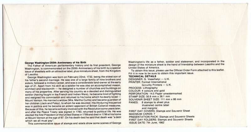1982 Lesotho 250th Anniversary of the birth of George Washington FDC 41