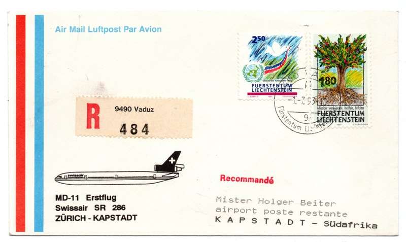 1993 Liechtenstein Erstflug Swissair SR 286 Zurich - Kapstadt Cover