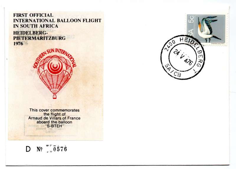 1976 RSA First Official International Balloon Flight in SA Arnaud de Villars D No 0576 Commemorative