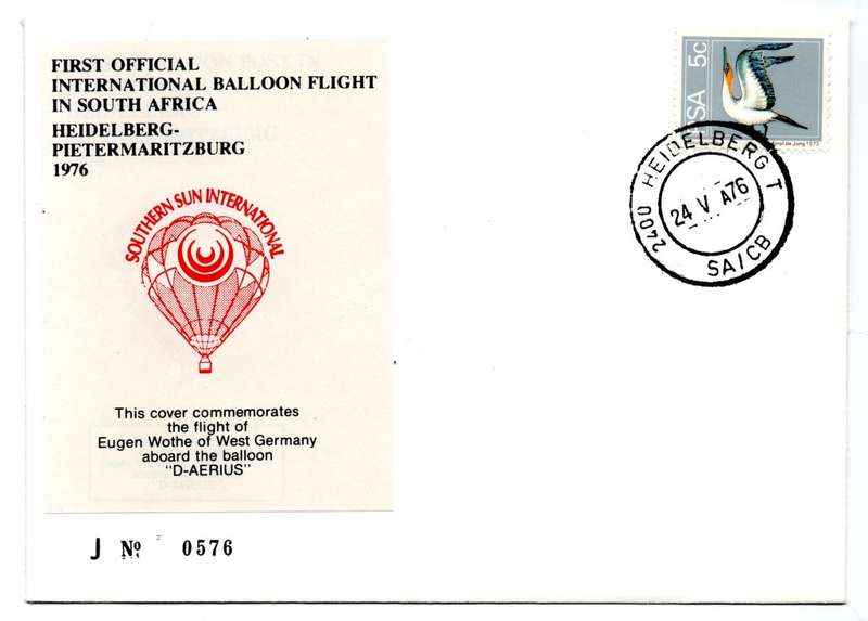 1976 RSA First Official International Balloon Flight in SA Eugen Wothe J No 0576 Commemorative Cover