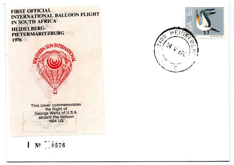 1976 RSA First Official International Balloon Flight in SA George Wenz I No 0576 Commemorative Cover