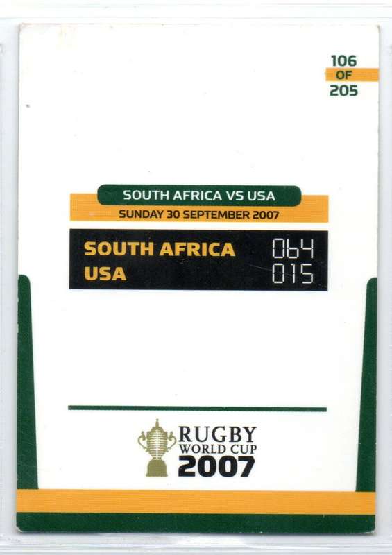 Rugby World Cup 2011 - Card 106/205 - RSA vs USA