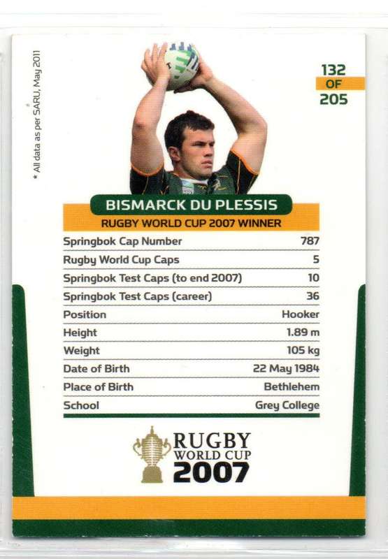 Rugby World Cup 2011 - Card 132/205 - Bismarck du Plessis