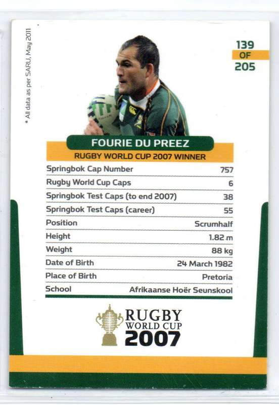 Rugby World Cup 2011 - Card 139/205 - Fourie du Preez