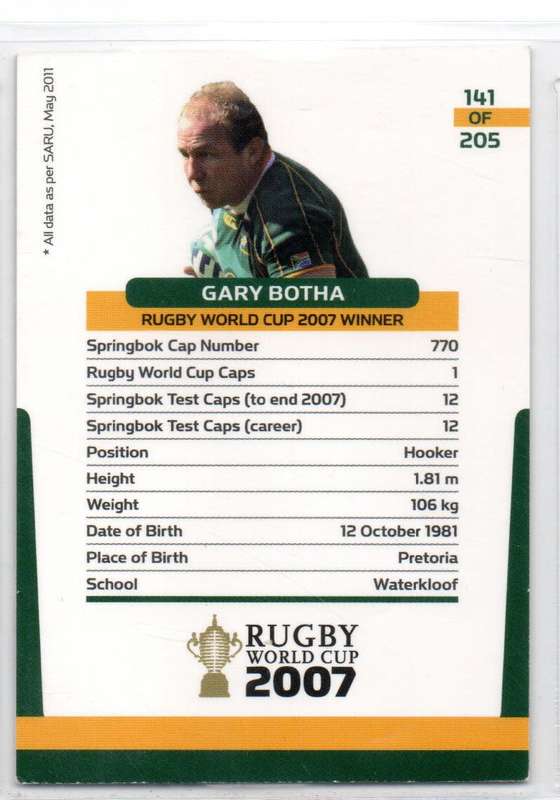 Rugby World Cup 2011 - Card 141/205 - Gary Botha