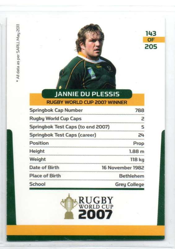 Rugby World Cup 2011 - Card 143/205 - Jannie du Plessis