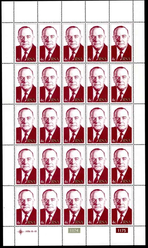 RSA 1978/10/10 Inauguration of the 4th State President Dr BJ Voster 4c Complete Sheet of 25