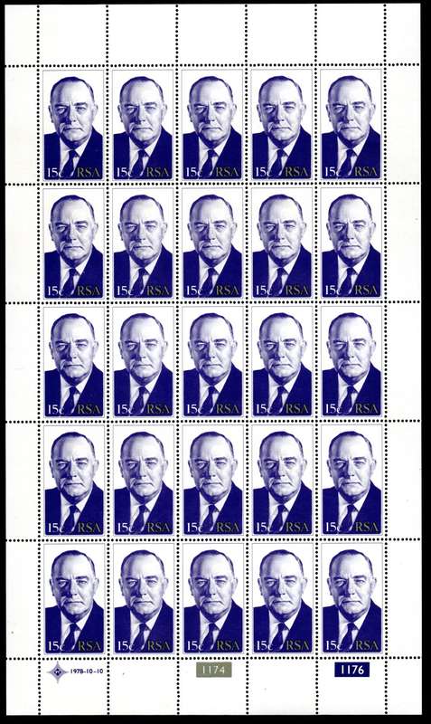 RSA 1978/10/10 Inauguration of the 4th State President Dr BJ Voster 15c Complete Sheet of 25