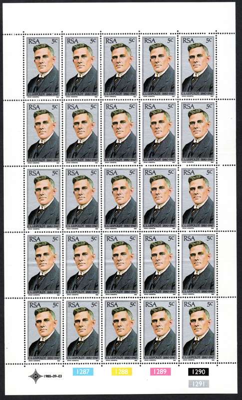 RSA 1980/09/03 Tribute to C Louis Leipoldt Complete Sheet of 25