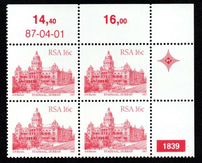 RSA 1987/04/01 4th Definitive issue 16c Plate 1839 Control Blocks