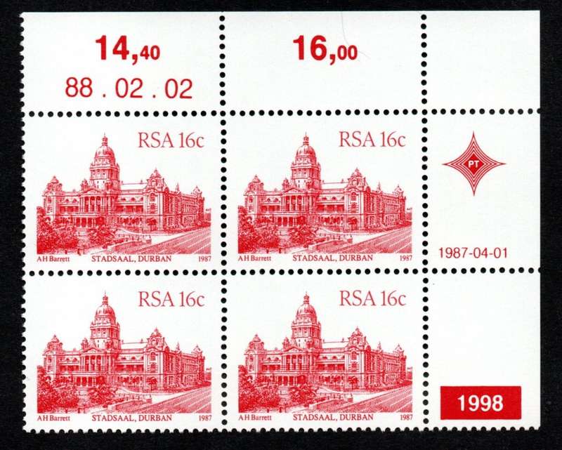 RSA 1988/02/02 4th Definitive issue 16c Plate 1998 Control Blocks