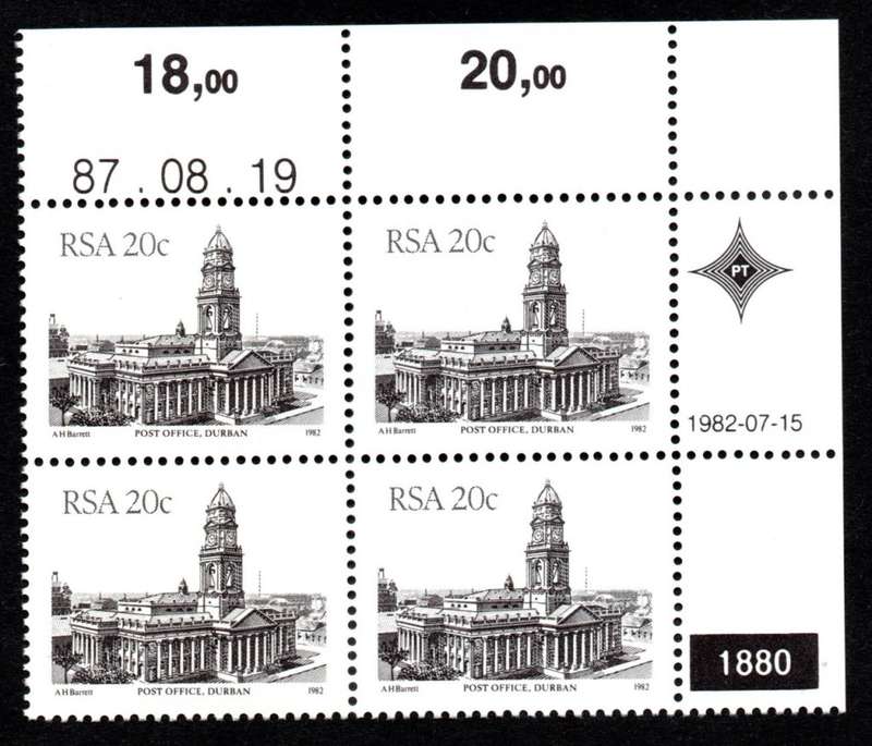 RSA 1987/08/19 4th Definitive issue 20c Plate 1880 Control Blocks
