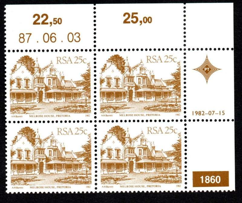 RSA 1987/06/03 4th Definitive issue 25c Plate 1860 Control Blocks