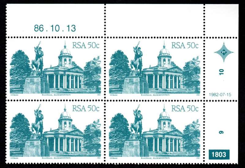 RSA 1986/10/13 4th Definitive issue 50c Plate 1803 Control Blocks