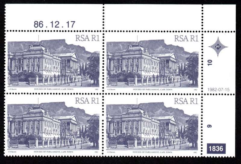 RSA 1986/12/17 4th Definitive issue R1 Plate 1836 Control Blocks