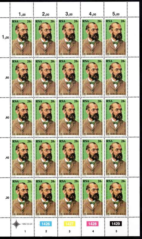RSA 1982/03/21 Centenary of Discovery of Tubercle Bacillus Complete Sheet of 25