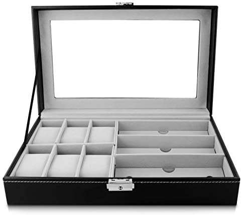 6 Watches and 3 Glasses Storage Box With Viewing Window In Glass, Faux Leather Black 33x20x8cm