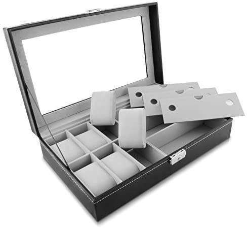 6 Watches and 3 Glasses Storage Box With Viewing Window In Glass, Faux Leather Black 33x20x8cm