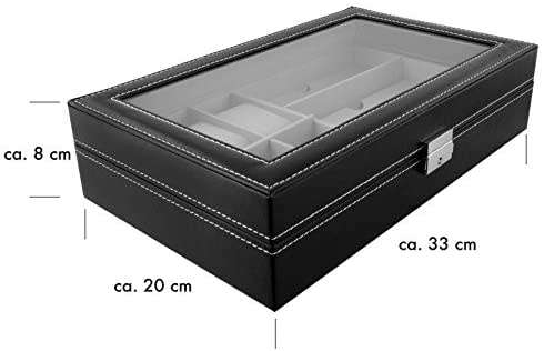 6 Watches and 3 Glasses Storage Box With Viewing Window In Glass, Faux Leather Black 33x20x8cm
