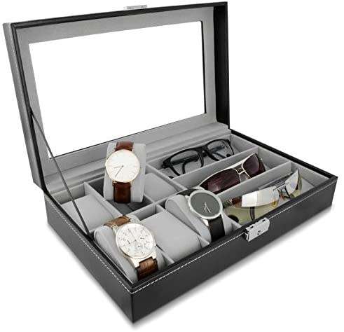 6 Watches and 3 Glasses Storage Box With Viewing Window In Glass, Faux Leather Black 33x20x8cm