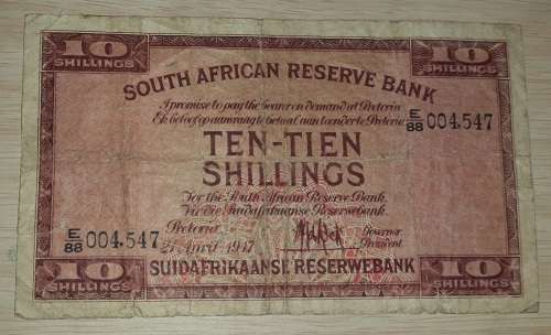 SOUTH AFRICA TEN SHILLINGS BANK NOTE E88 004547 @  LOW START R1 AUCTION