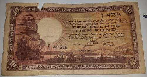SOUTH AFRICA TEN POUNDS BANK NOTE F1 945376 @ LOW START R1 AUCTION