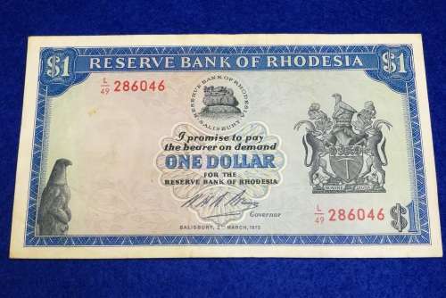 Reserve Bank of Rhodesia ONE DOLLAR note, 1973