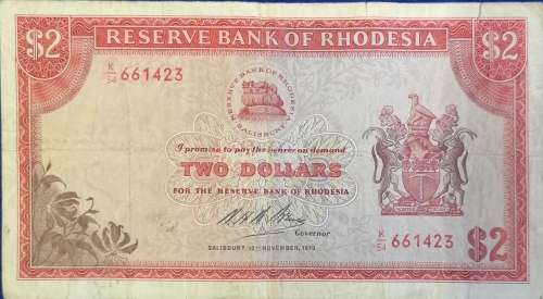 2 DOLLAR RESERVE BANK OF RHODESIA note, SALISBURY 10th NOVEMBER 1970
