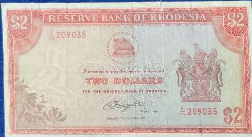 Reserve Bank of Rhodesia TWO DOLLARS note, 1979