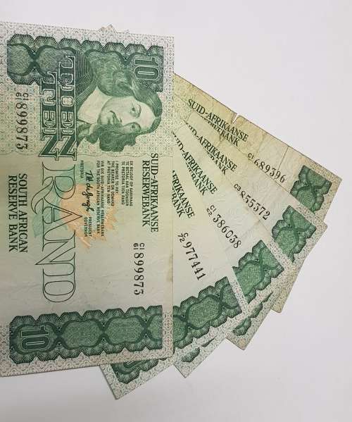 5 South African TEN RAND notes, T.W de Jongh