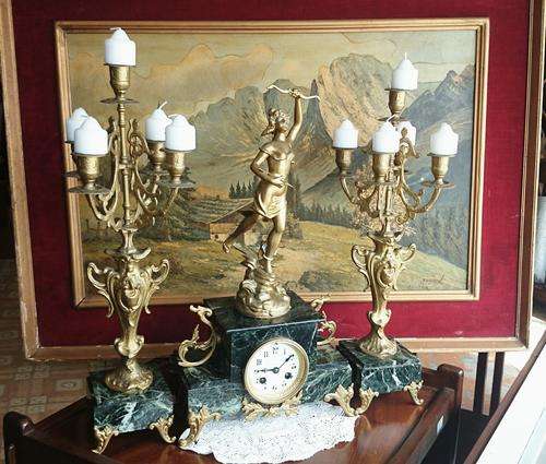 FRENCH MARBLE MANTLE CLOCK ONE OF A KIND EXQUISITE  3 PIECE
