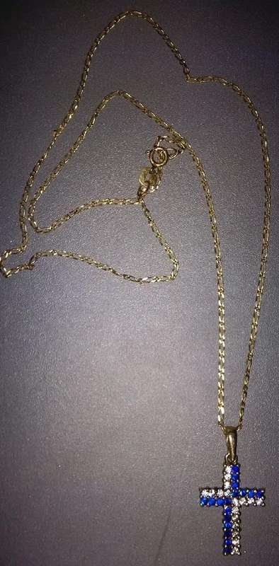 9CT GOLD LADIES CHAIN WITH STUNNING CROSS PENDANT BLUE AND WHITE ZIRCONIA'S