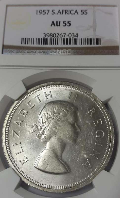 1957 SOUTH AFRICA 5 SHILLINGS GRADED NGC AU 55 - SILVER - LOW START R1 AUCTION ONLY 157 077 MINTED