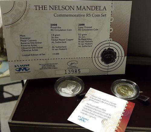 The Nelson Mandela Commemorative R5 coin set !!!!  LOW START R1 - SA MUNT WITH CERT LIMITED EDITION
