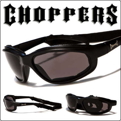 NEW Choppers Black Vented Motorcycle Goggles Biker Sunglasses w/Removable Strap