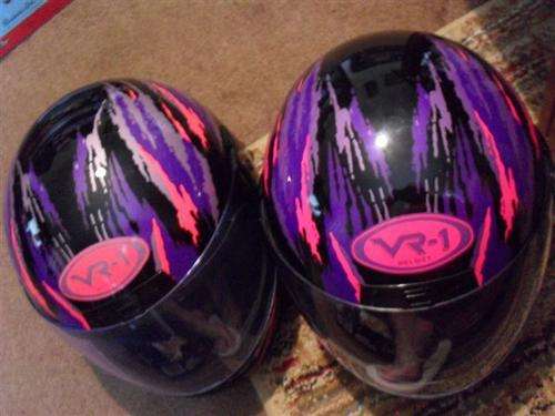 2 X PURPLE/PINK MOTOR BIKE HELMETS ( XL AND L )