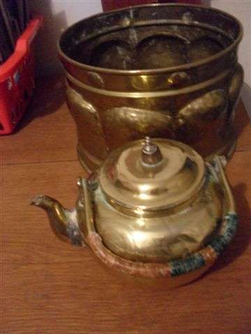 A BRASS PLANTER AND KETTLE