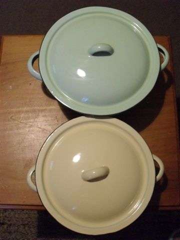 2 X ENAMEL DISHES WITH LIDS...