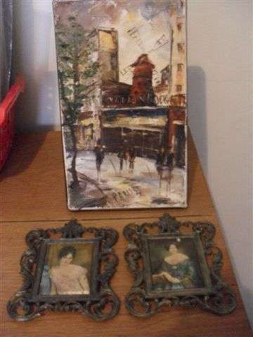 2 VINTAGE BRASS PICTURES AND AN OIL ON BOARD...