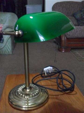 VINTAGE BRASS AND GREEN/WHITE GLASS BANKERS LAMP.....