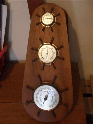 BRASS BAROMETER/HYGROMETER/RAIN GAUGE  ON WOOD(WEST GERMANY)