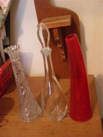 MURANO RED VASES///CUT GLASS VASE AND A DECANTER.....