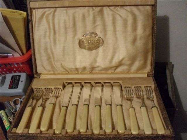 VINTAGE BOXED BONE HANDLE EPNS FISH FPRKS & KNIVES