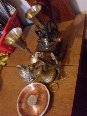 NICE LOT ...SILVER COIN IN ASHTRAY/COFFEE GRINDER/SP BELL/BRASS DOOR KNOCKER /2 GOBLETS