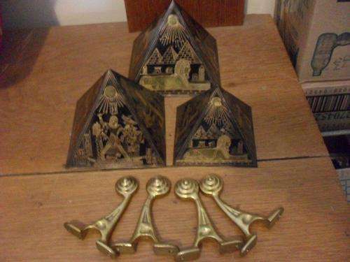 3 X BRASS EGYPTIAN PYRAMIDS ++2 SETS BRASS TOWEL ENDS....