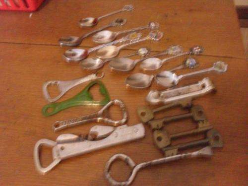 BRASS KEYS/CRESTED TEASPOONS AND BOTTLE OPENERS