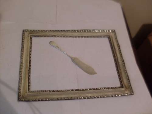HALLMARKED SILVER PICTURE FRAME (FRONT PIECE) AND FISH KNIFE