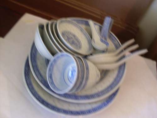 SOME  BLUE & WHITE ORIENTAL (DRAGON DESIGN )(TRANSLUCENT RICE GRAIN DESIGN )BOWLS AND SPOONS