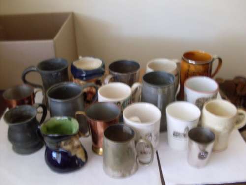A COLLECTION OF COPPER CERAMIC PEWTER EPNS MUGS(VINTAGE AND OTHER ) FOR YOUR BAR