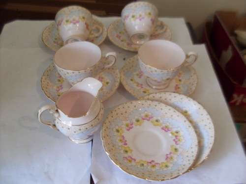 BEAUTIFUL TUSCAN DEMITASSE 4 DUOS AND A MILK JUG (LOVELY PASTEL SHADES )